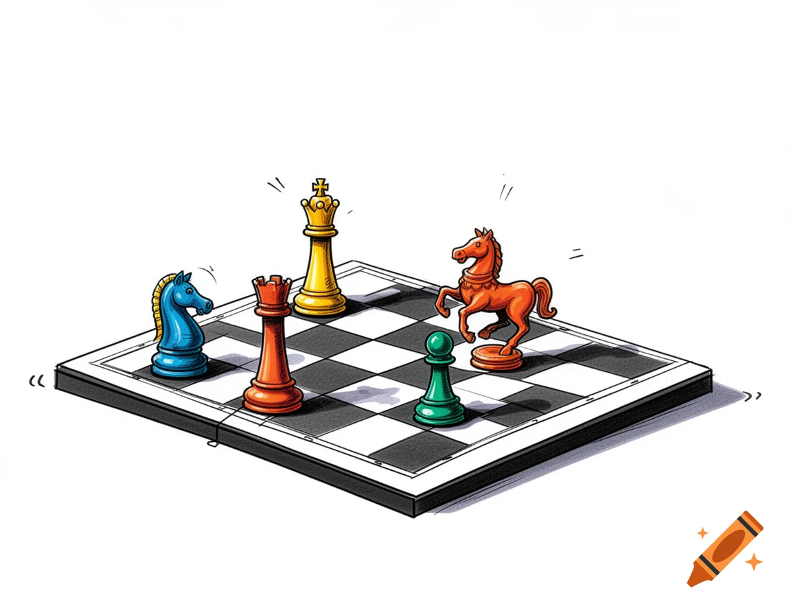 A colorful cartoon illustration of a chessboard with a yellow king, red rook, blue knight, orange knight, and green pawn.
