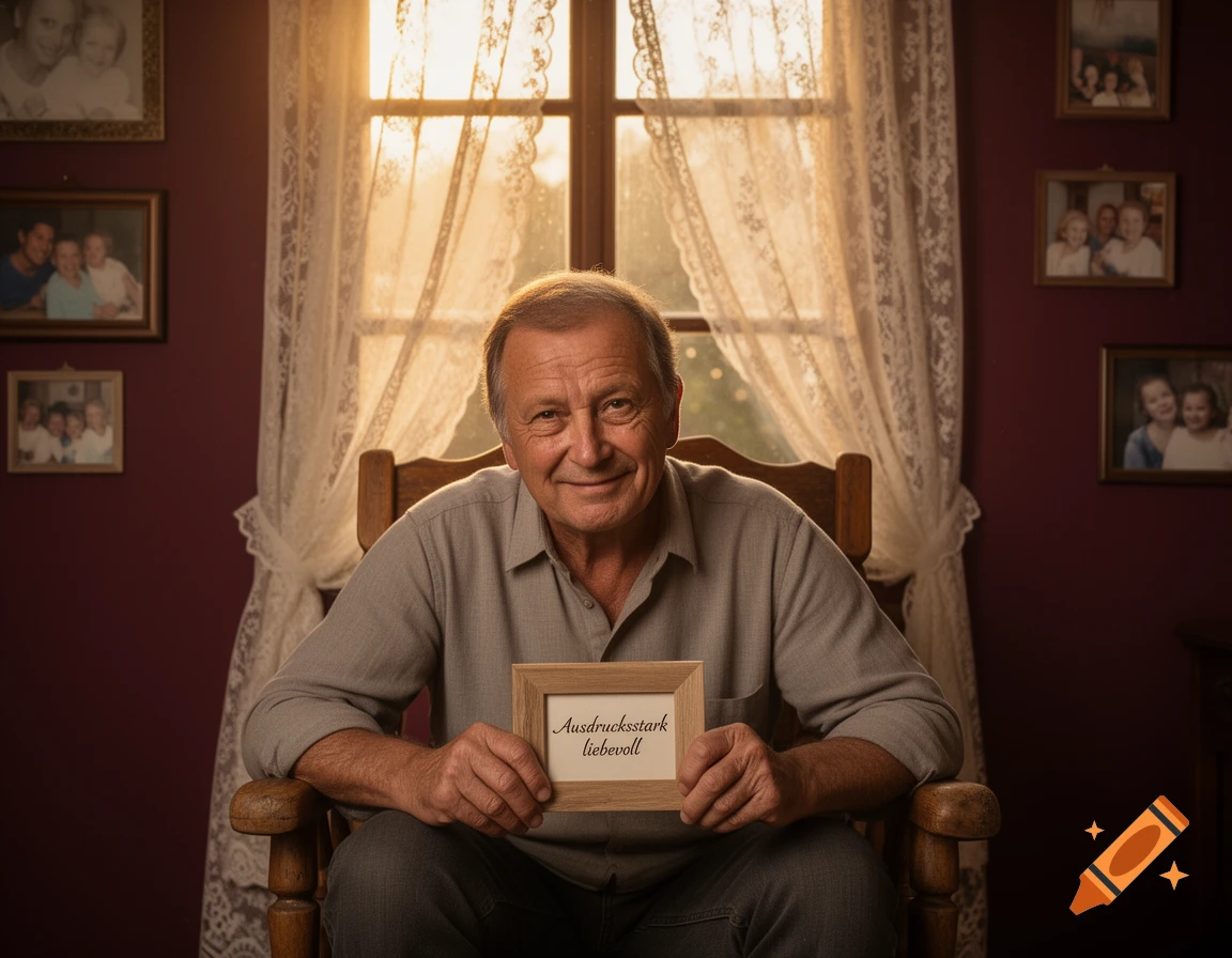 A smiling elderly man sits in a wooden chair, holding a framed message in a warm, sunlit room with family photos.