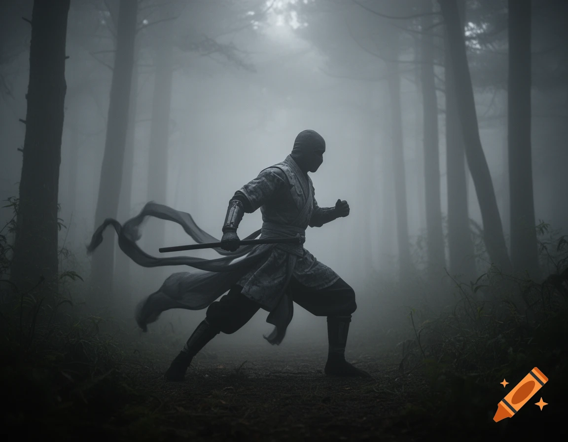 A shadowy ninja-like figure in grey clothing with flowing cloths runs through a dark, foggy forest.