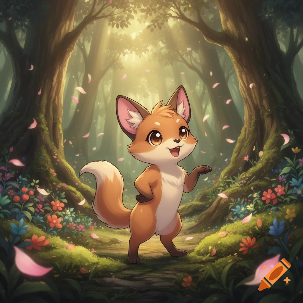 A cute, big-eyed cartoon fox with an open mouth stands in a magical, sunlit forest with falling pink petals and colorful flowers.