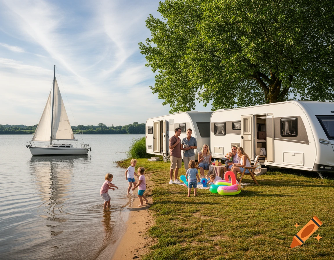 A family enjoys a sunny day camping by a lake with two white caravans and a sailboat. Children play in the water and adults relax near a picnic table.