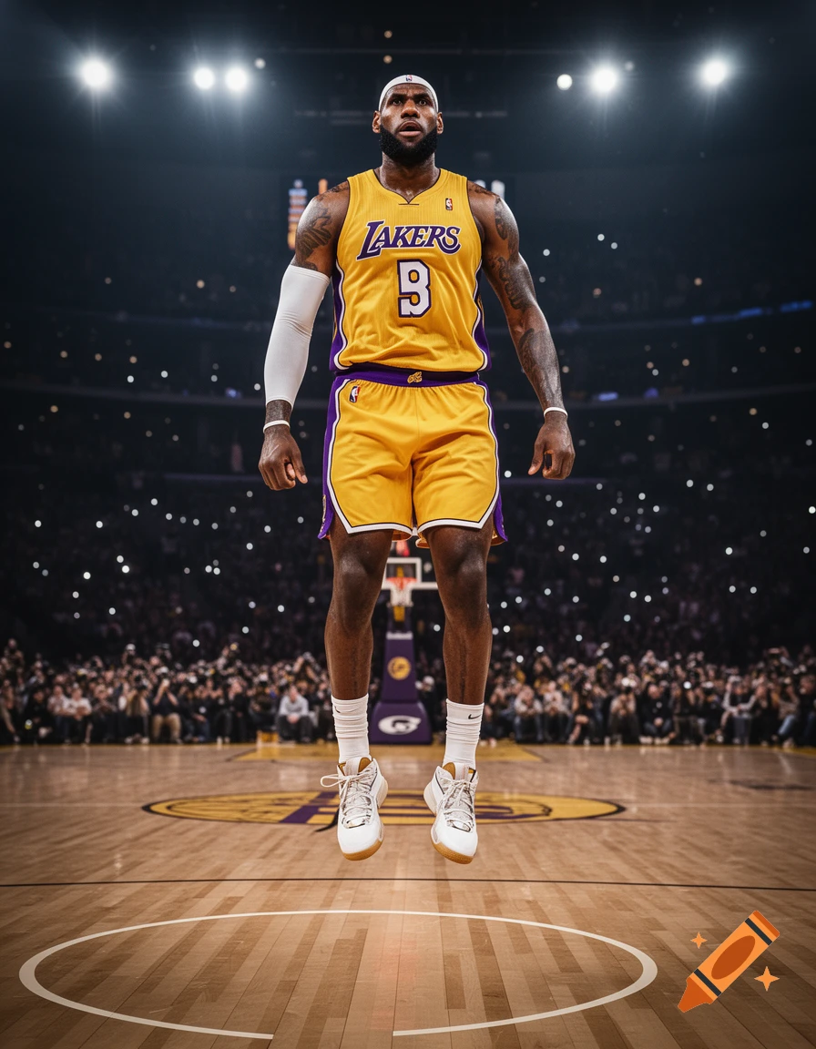Photorealistic image of LeBron James in a yellow and purple Lakers jersey, mid-jump on a basketball court, with fans in the background.