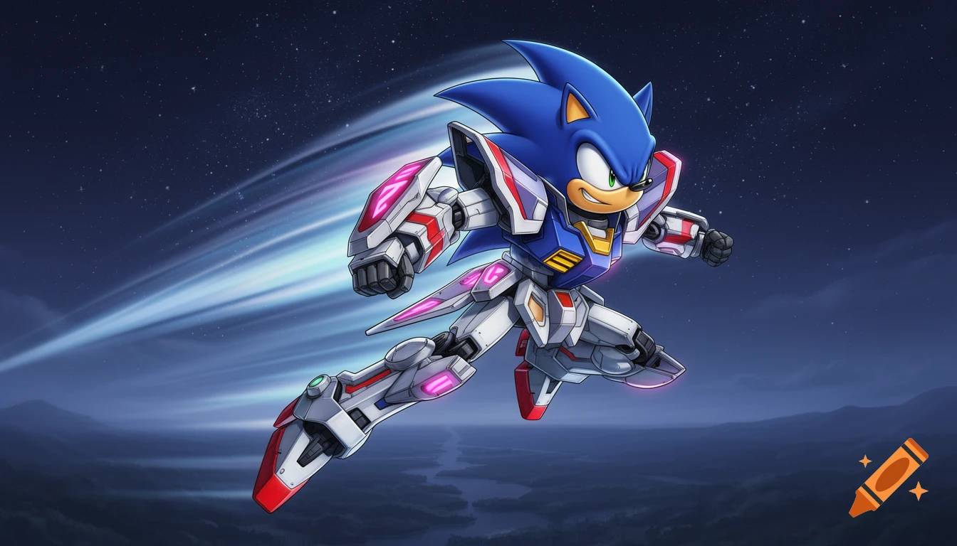 Anime style Sonic the Hedgehog in a white, blue, and red Gundam mech suit with pink accents, flying through a starry night sky above mountains.