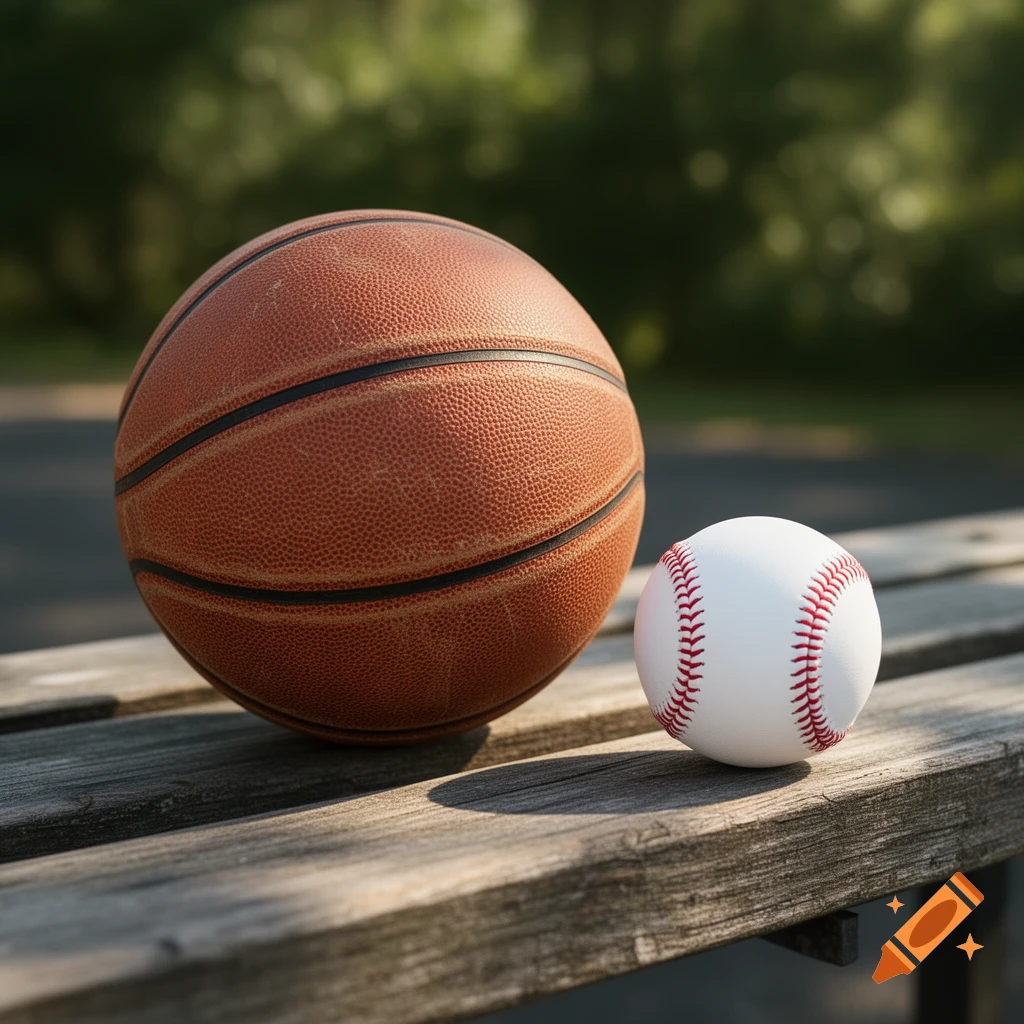 A photorealistic image of a basketball and baseball side-by-side on a wooden bench with a blurred green background.