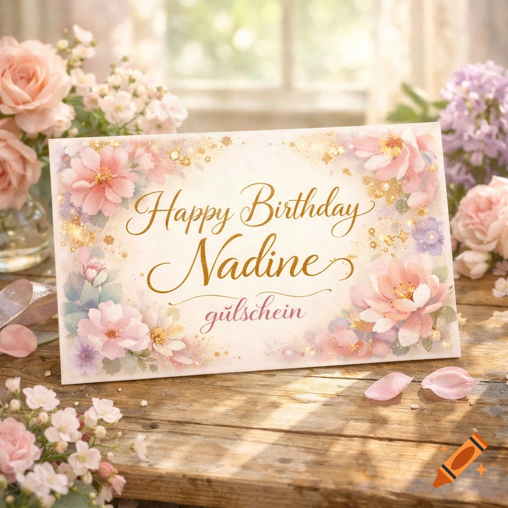 A watercolor-style birthday card with 'Happy Birthday Nadine gülschein' text, surrounded by pink and purple flowers on a rustic wooden table.