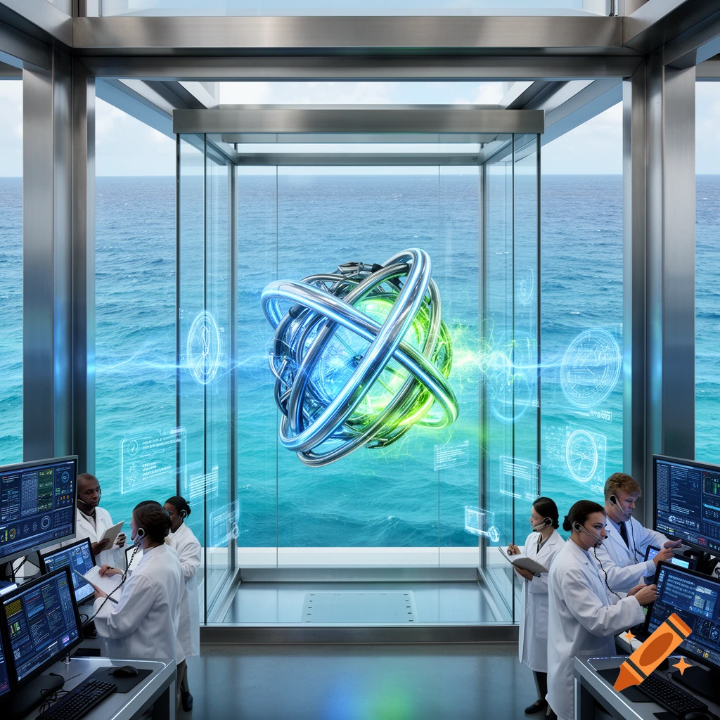 Scientists in a futuristic control room monitor a glowing metallic device floating over a vast ocean, with holographic displays.