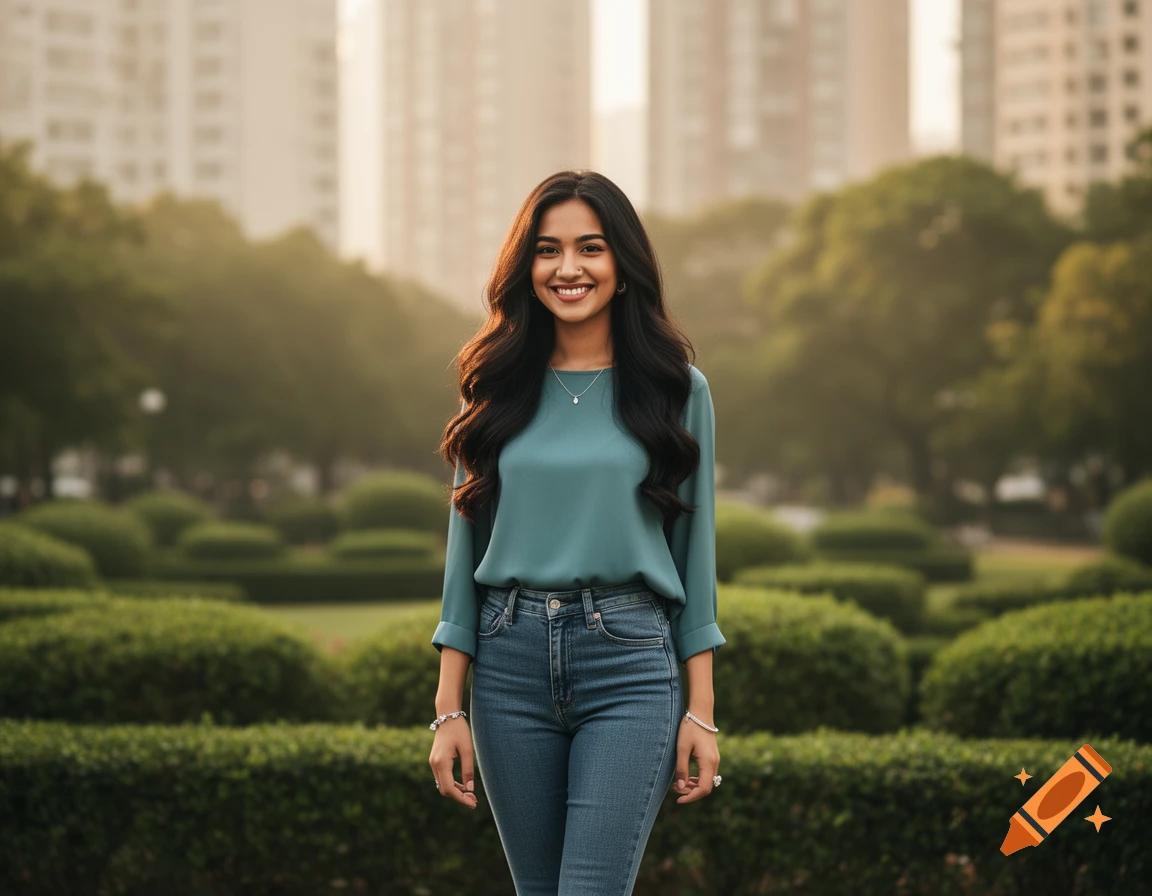 A young woman with long dark hair smiles in a sunlit urban park, wearing a teal blouse and jeans.