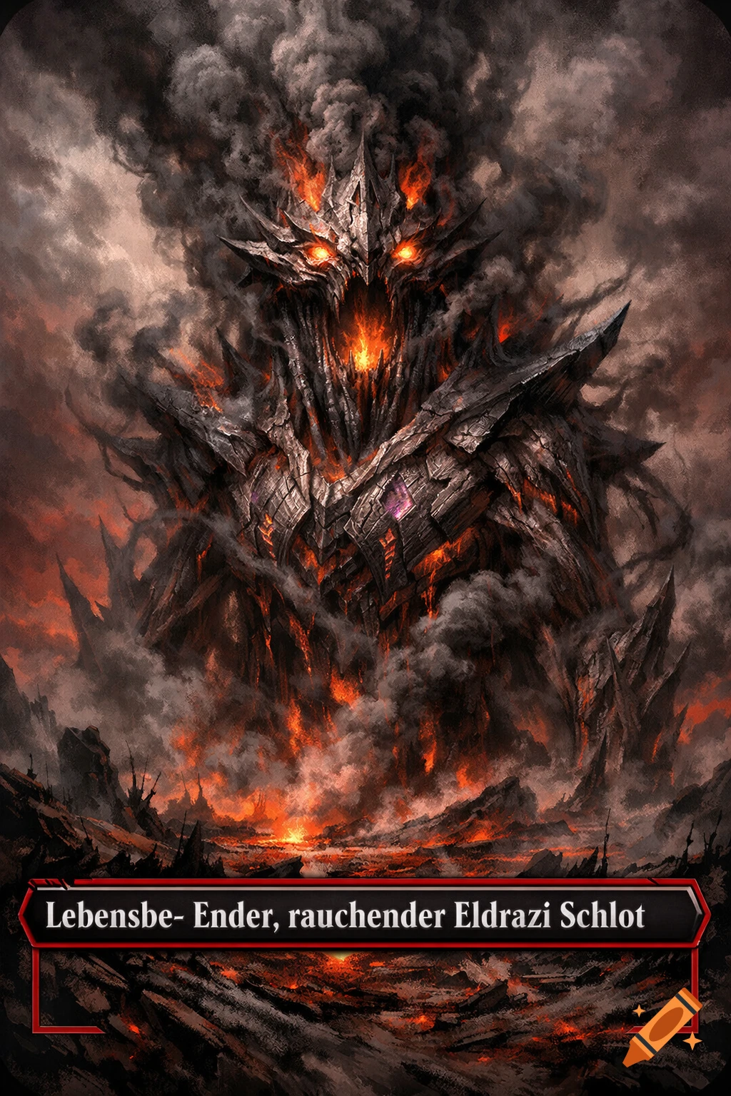 A fearsome, spiky dark fantasy monster made of rock and fire, enveloped in smoke, stands in a desolate, burning landscape with a text box.