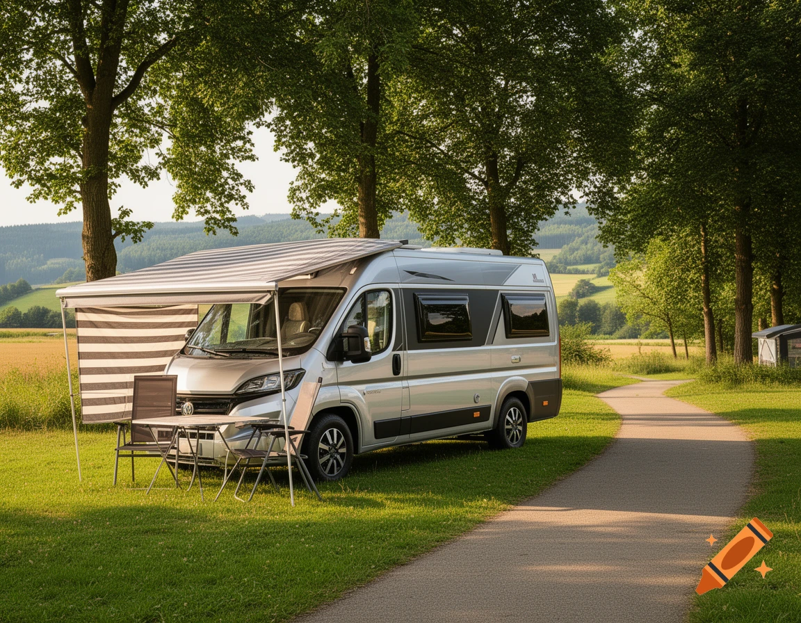 A silver camper van with an extended awning and outdoor furniture parked on green grass next to a paved path and tall trees.
