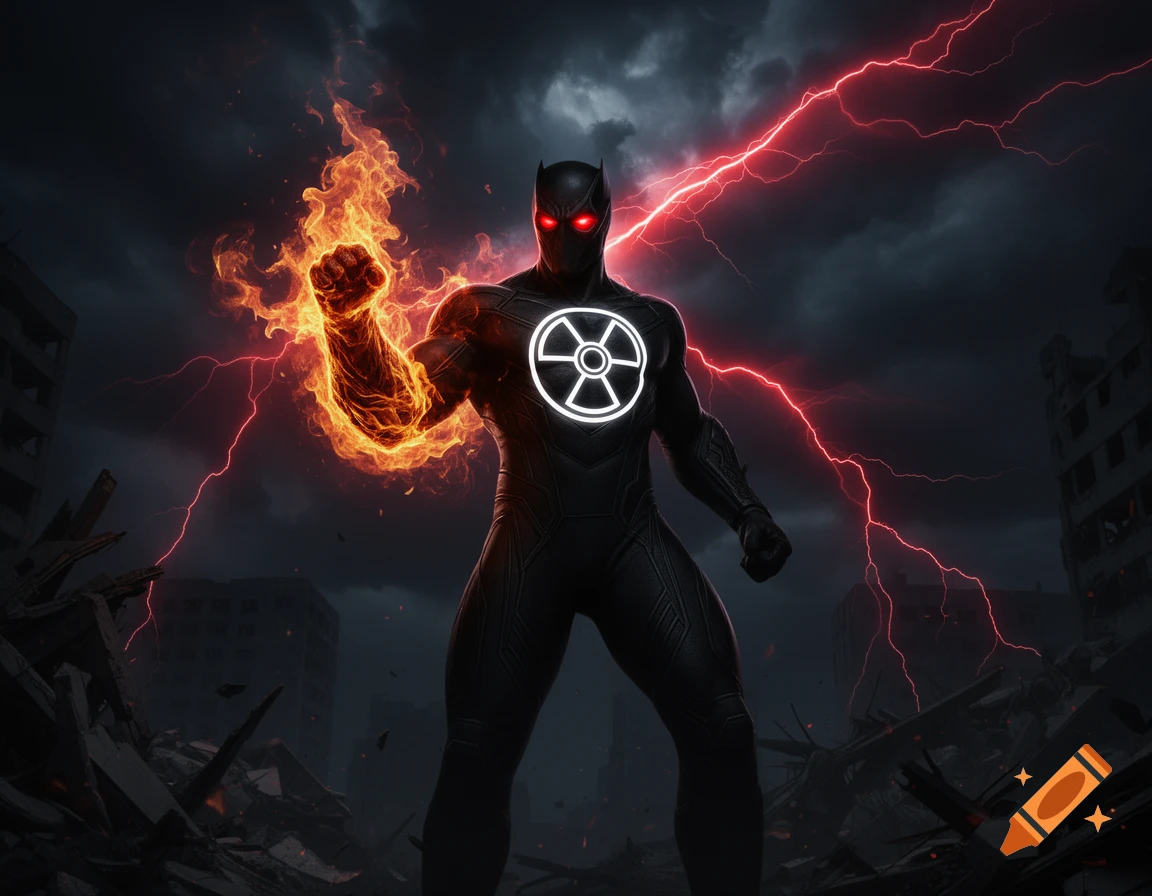 A dark villain with a flaming fist, red glowing eyes, and a nuclear symbol on his chest, standing in a destroyed city with red lightning.