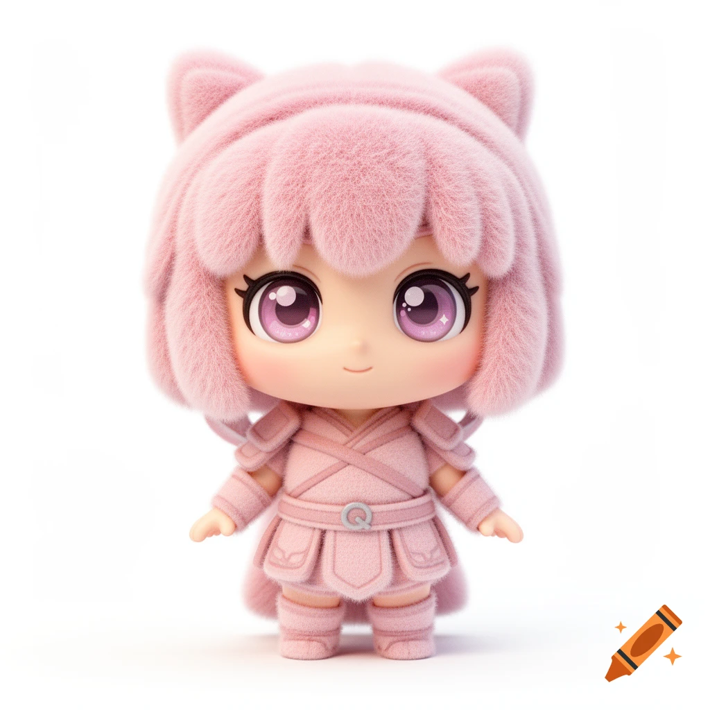 Pastel pink fluffy chibi anime warrior girl plush toy with cat ears, large purple eyes, and a Q-shaped buckle, on a white background.