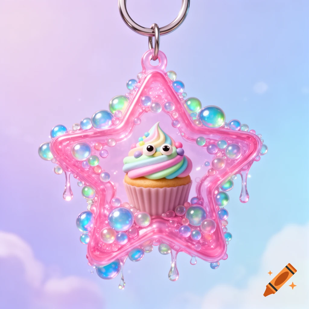 A cute pink star keychain with a rainbow cupcake creature, googly eyes, iridescent bubbles, and dripping pink goop on a pastel background.