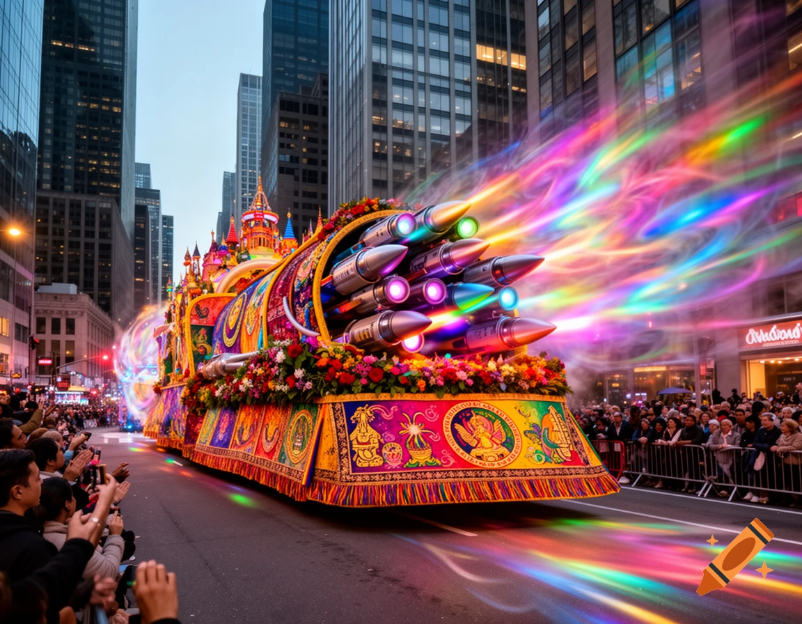 A vibrant, colorful parade float resembling a rocket-powered train with a castle, emitting rainbow smoke down a city street with onlookers.