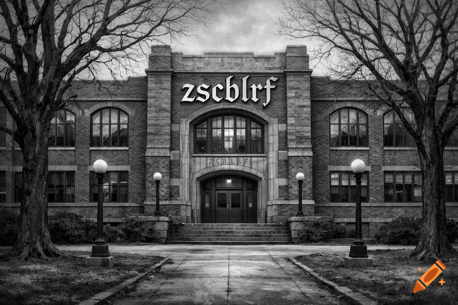 Grayscale view of a brick school-like building with "zscblrf" on the facade, flanked by bare trees and a path.