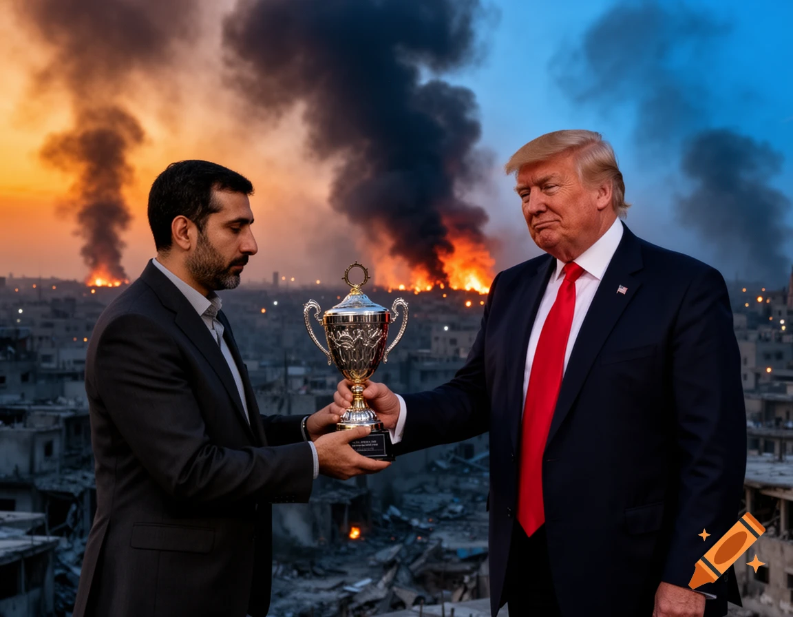 Donald Trump and another man in a suit hold a trophy against a dramatic backdrop of a burning city with smoke plumes at sunset.