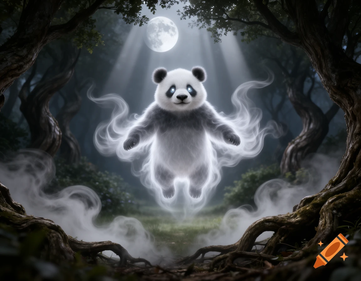 A glowing, ethereal panda floats in a dark, mystical forest under a ...