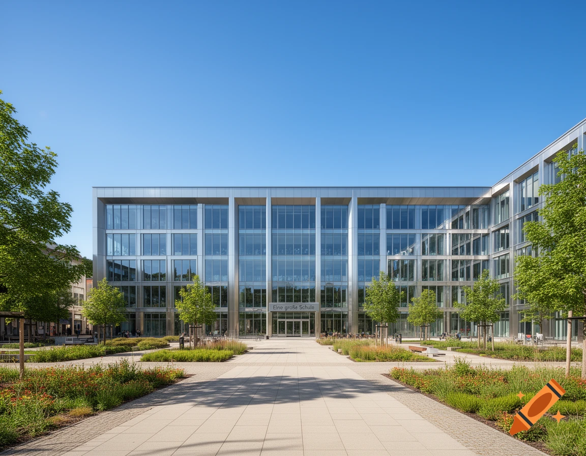 A modern, glass and silver building with 'Eine große Schule' above the entrance, surrounded by a landscaped courtyard.