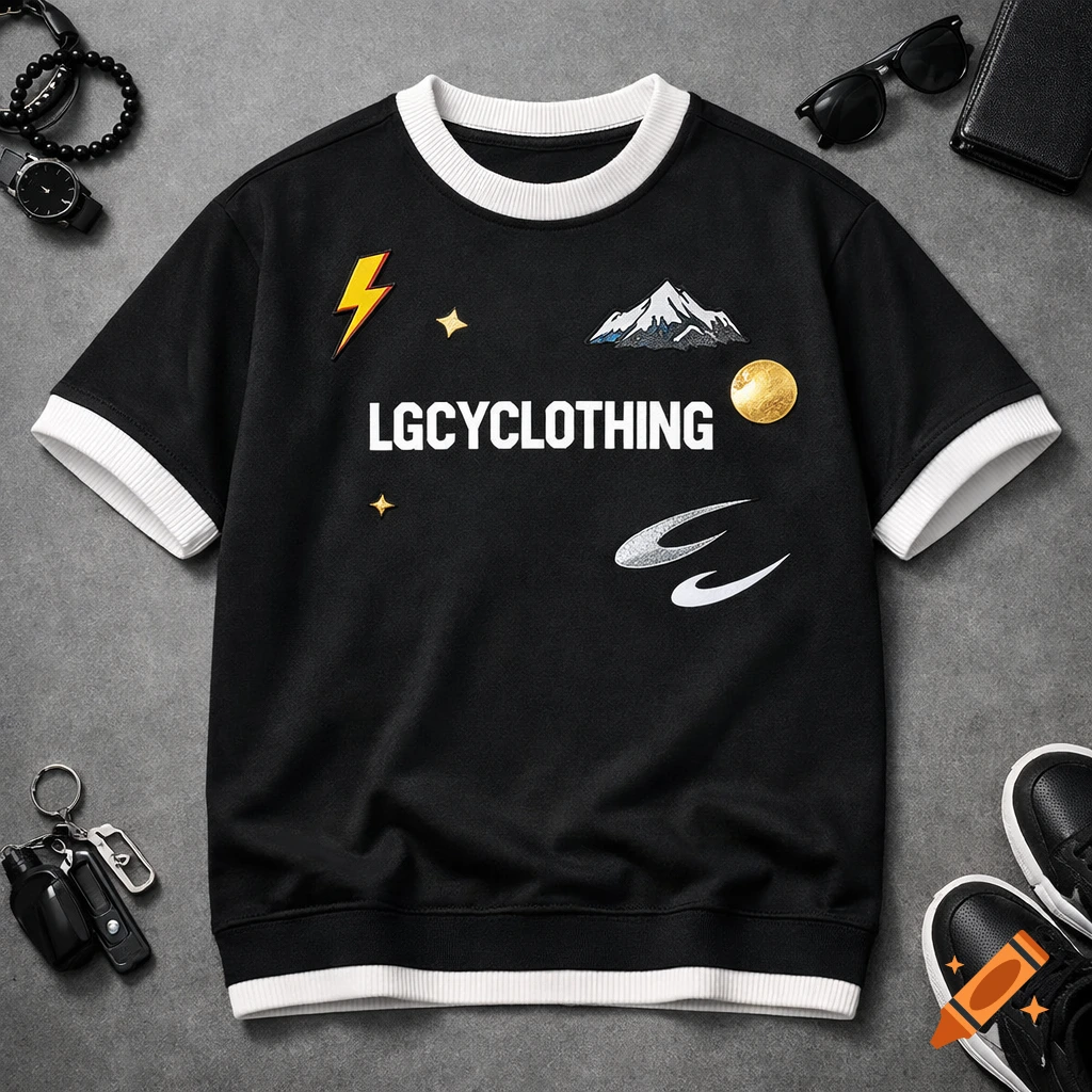 Flat lay of a black streetwear t-shirt with white ribbed trim, featuring a lightning bolt, mountain, gold circle, abstract swoosh lines, and 'LGCYCLOTHING' text, surrounded by accessories.