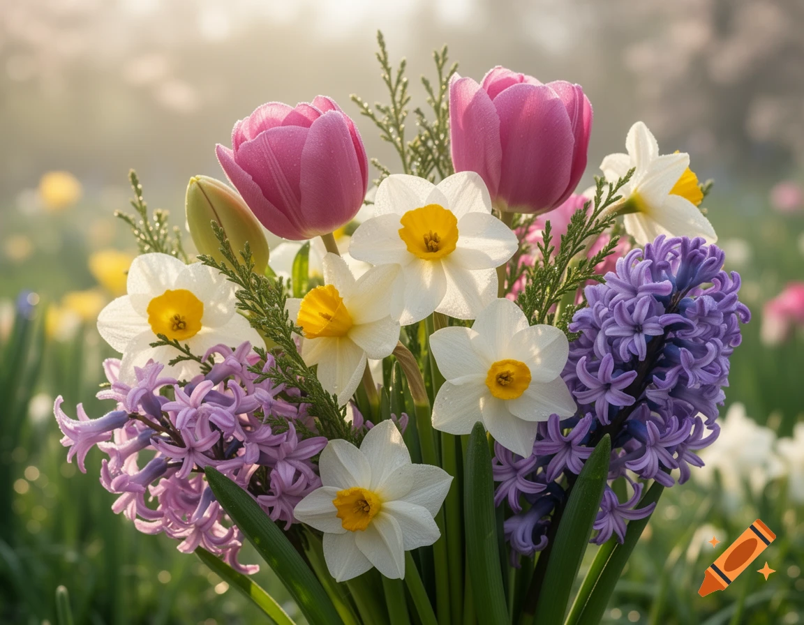 A vibrant bouquet of pink tulips, white and yellow daffodils, and purple hyacinths with green foliage in a sunny, soft-focus garden.