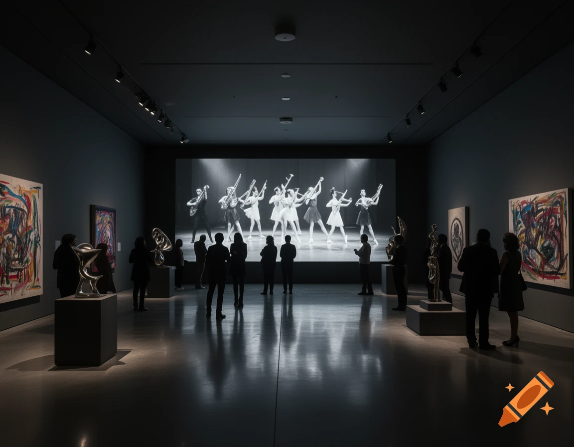 Dark art gallery with silhouetted visitors observing abstract paintings, sculptures, and a large black and white projection of stylized dancers.