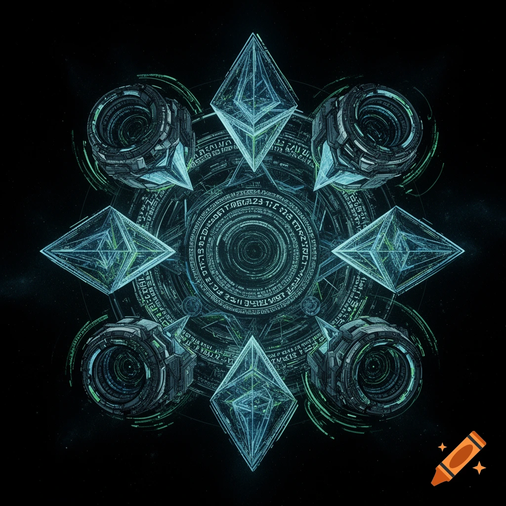 Abstract sci-fi artwork with a central glowing circular pattern, surrounded by four crystalline diamonds and four dark mechanical spheres against a cosmic background.