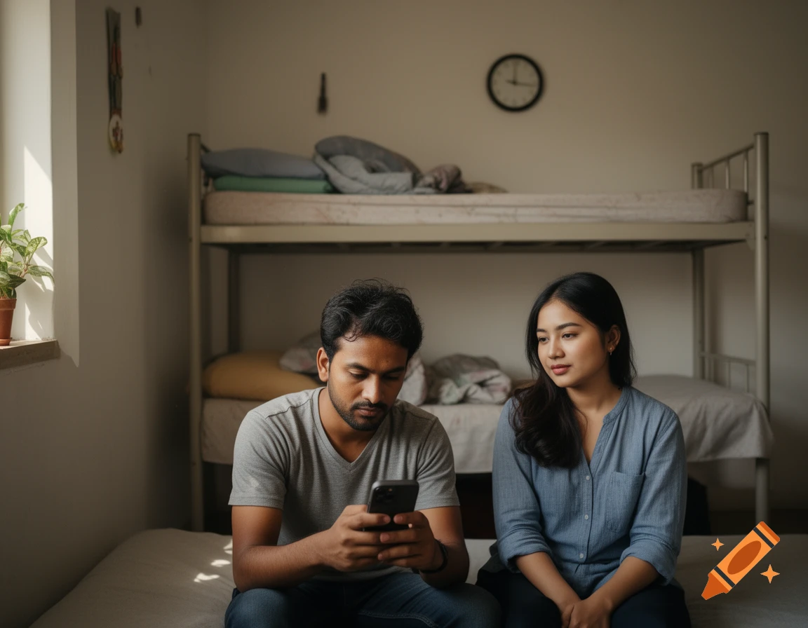 A Bangladeshi man uses a phone while a Malaysian/Chinese woman sits nearby in a modest apartment room with a bunk bed, realistic style.