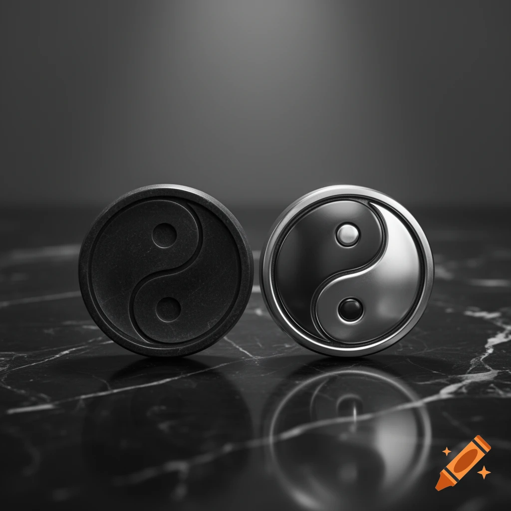 Two detailed Yin Yang symbols, one dark and textured, one metallic and reflective, on a dark marble surface.