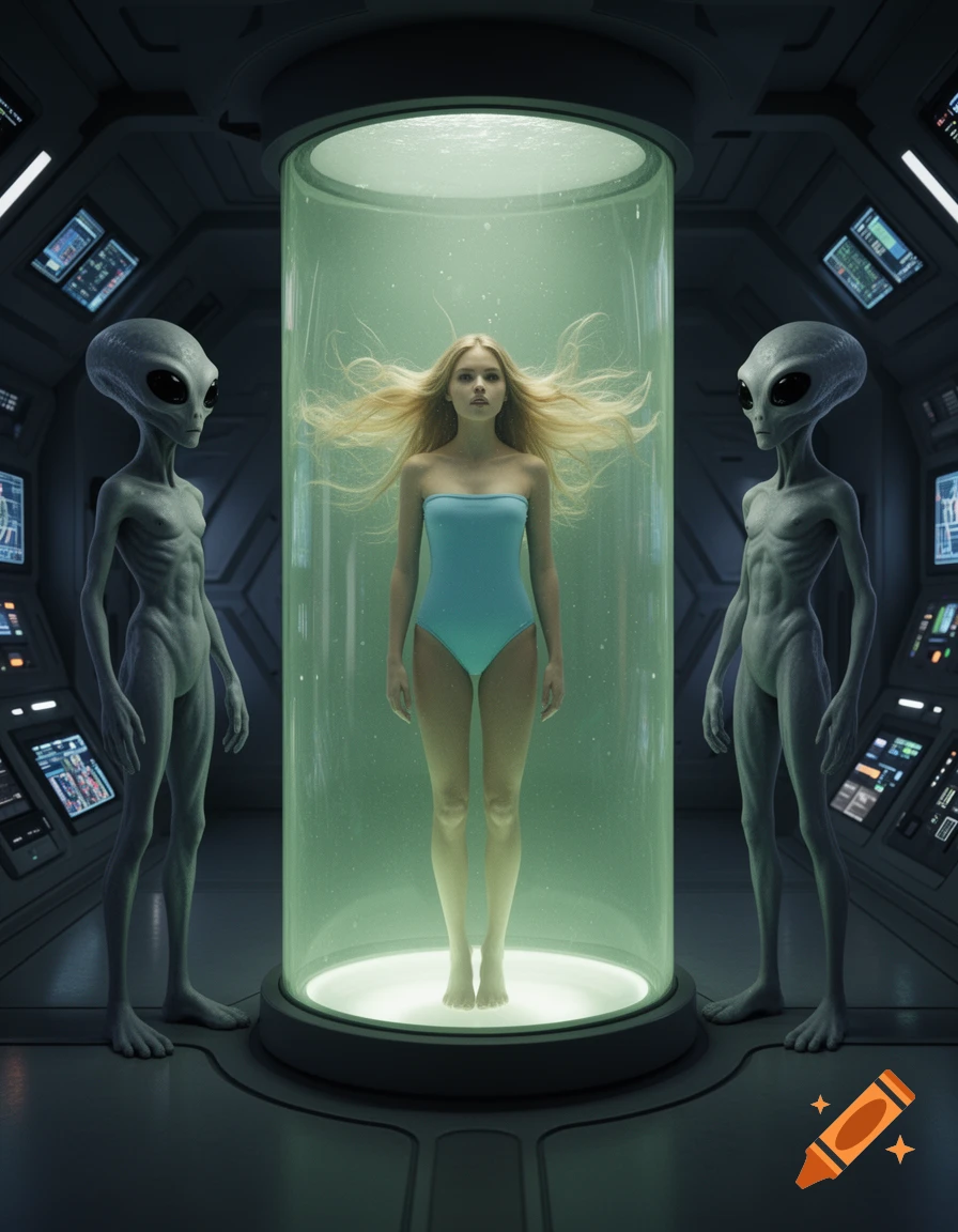 Two grey aliens observe a blonde woman in a light blue swimsuit floating in a luminous green glass container inside a spaceship.