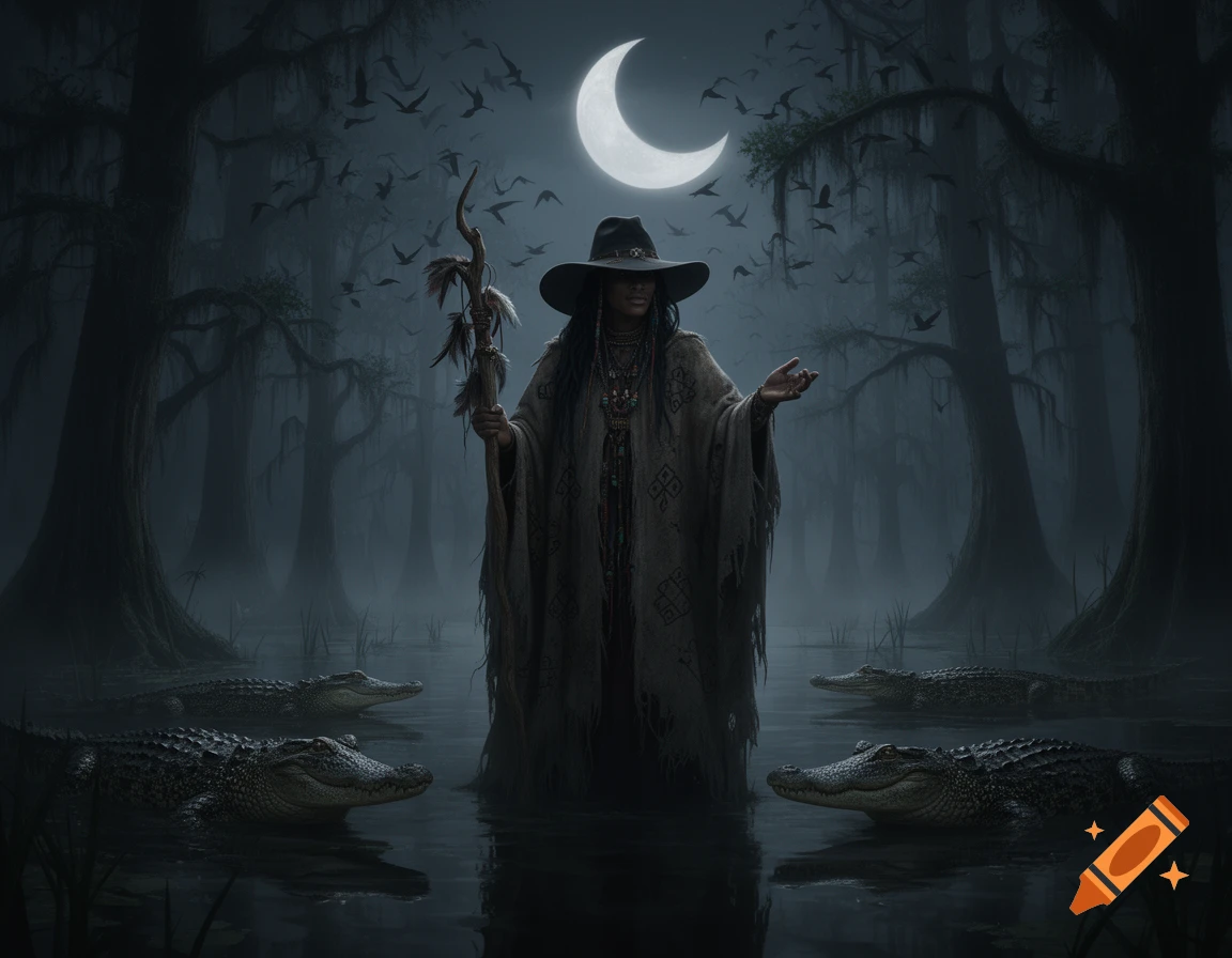 A Voodoo witch shaman stands in a misty bayou at night, surrounded by crocodiles under a crescent moon.