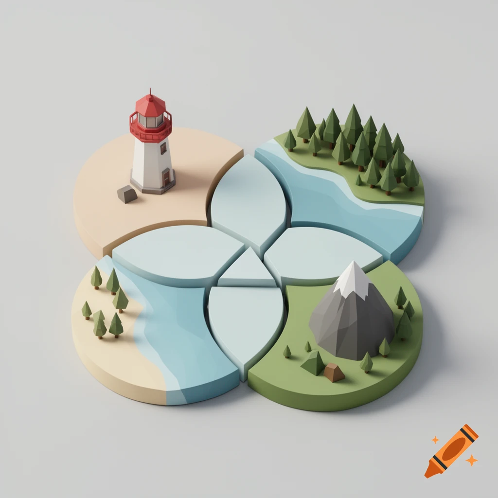 3D isometric low-poly diorama of a puzzle with intersecting circular sections depicting a lighthouse, forest, beach, and mountain.