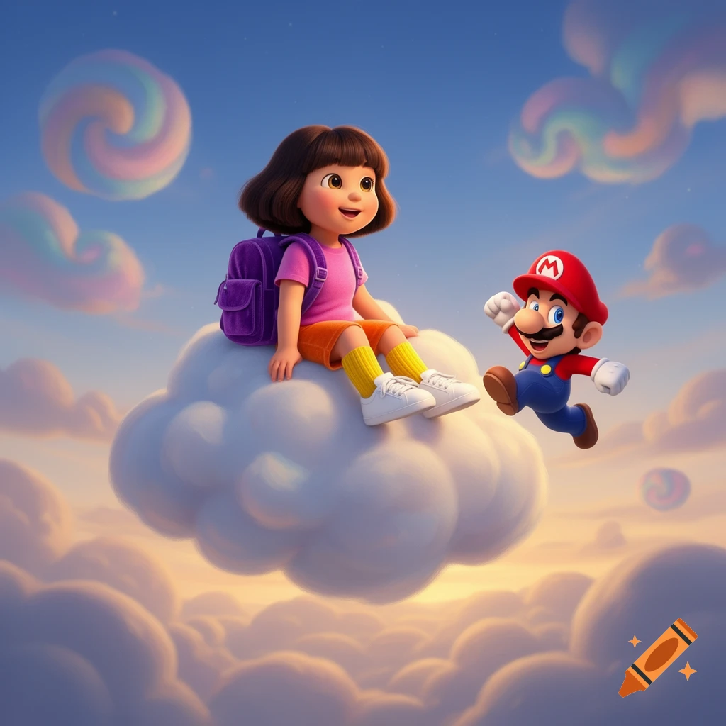 3D animated Dora the Explorer sits on a large cloud as Super Mario jumps beside her in a bright blue sky with pastel swirls.