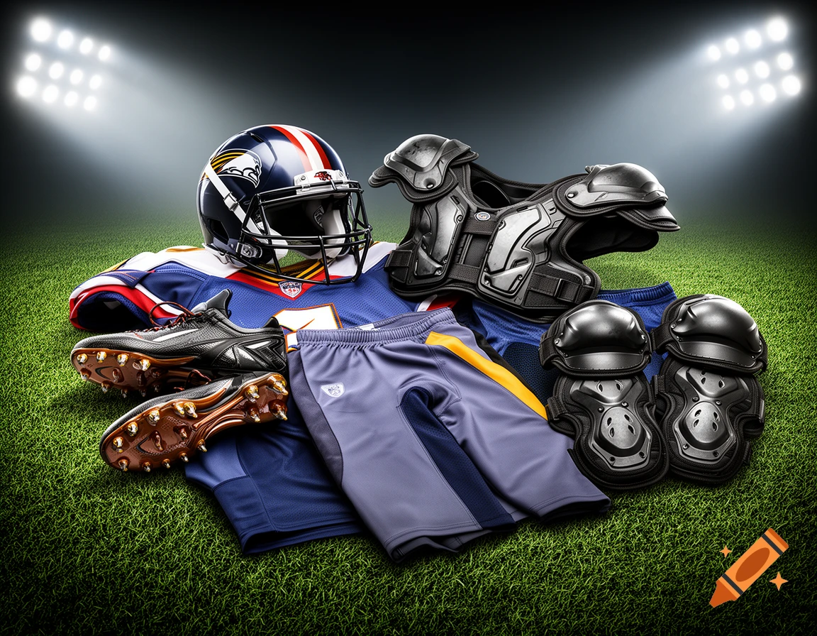 Photorealistic image of American football equipment, including a helmet, shoulder pads, jersey, shorts, cleats, and knee pads, on a grass field under stadium lights.
