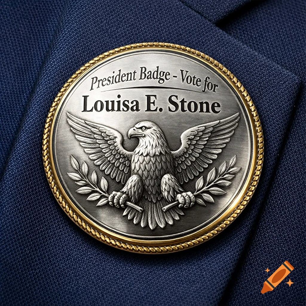A photorealistic close-up of a silver presidential campaign badge with a gold border featuring an eagle and text, pinned on a navy suit.