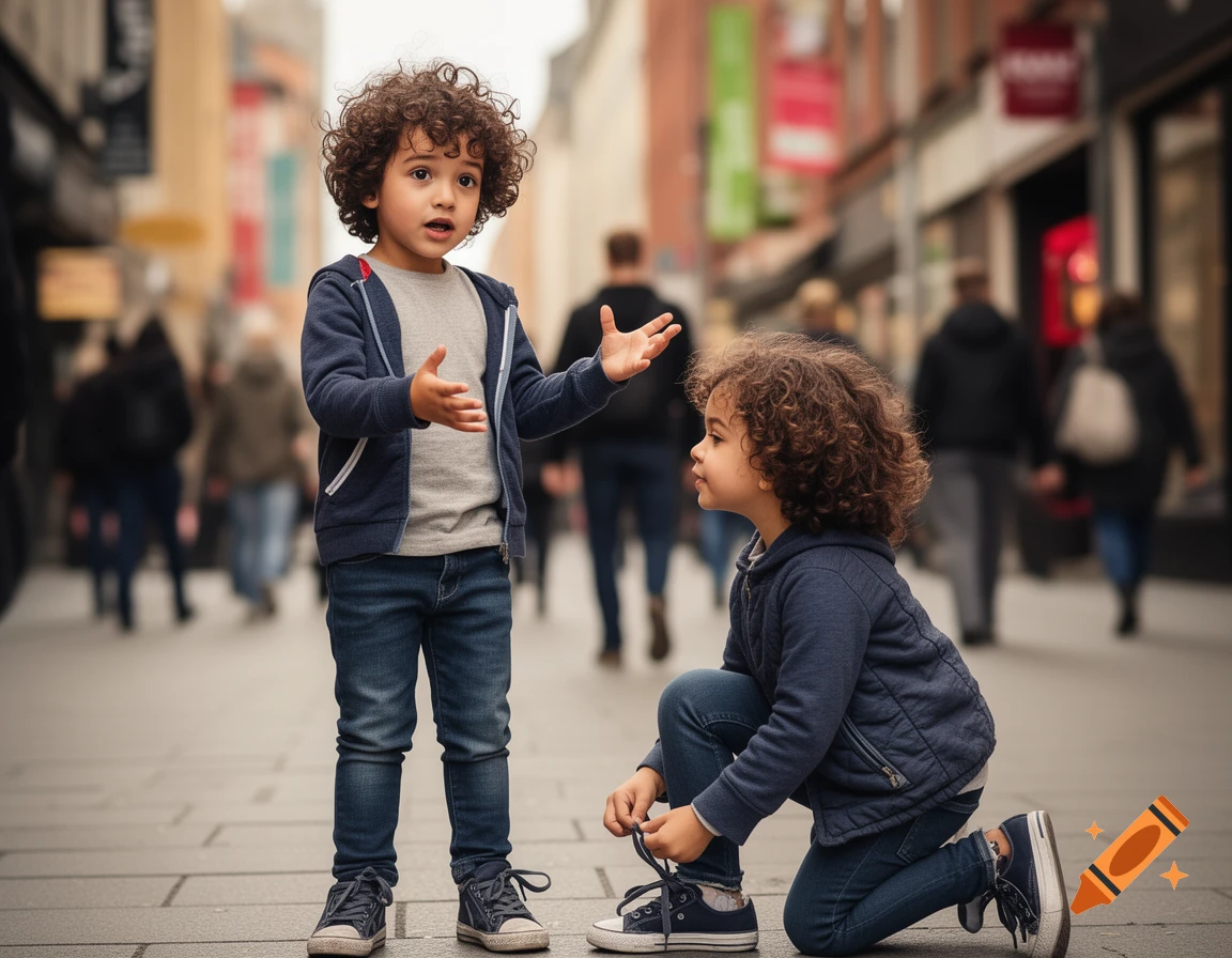 Two young children with curly hair on a city street, one standing with open hands, the other kneeling to tie a shoe.