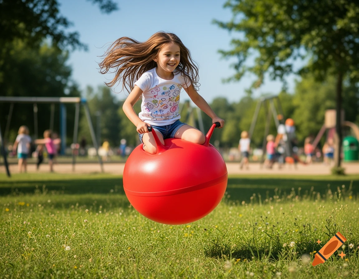 A smiling girl with long brown hair bounces on a red space hopper in a sunny park, with trees and other children in the background.