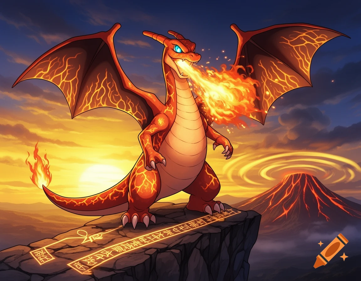 A stylized Charizard stands on a cliff, breathing fire towards an ...