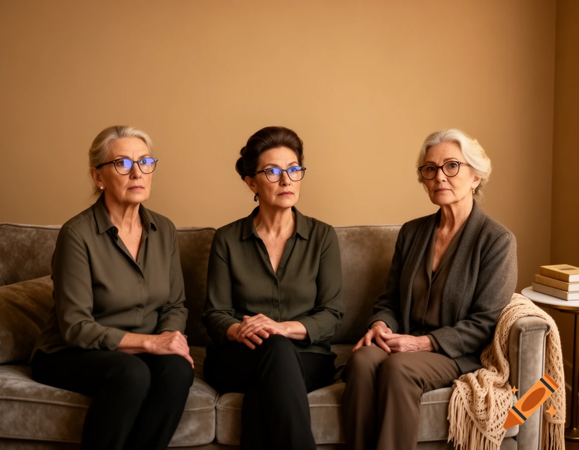 Three older women with glasses sitting on a couch, looking forward with reserved expressions.