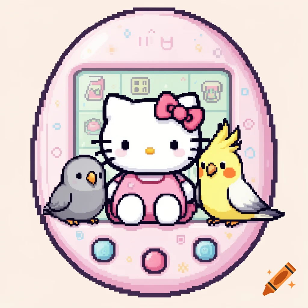 Pixel art of a Hello Kitty-like character with a gray lovebird and yellow cockatiel on a pink Tamagotchi device.