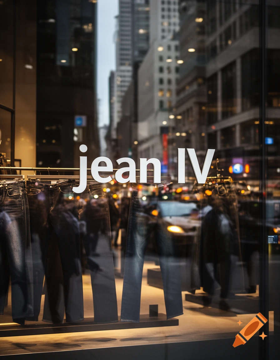 A store window displaying dark jeans, with the words "jean IV" reflected on the glass. A blurry city street with buildings and lights is visible in the reflection.