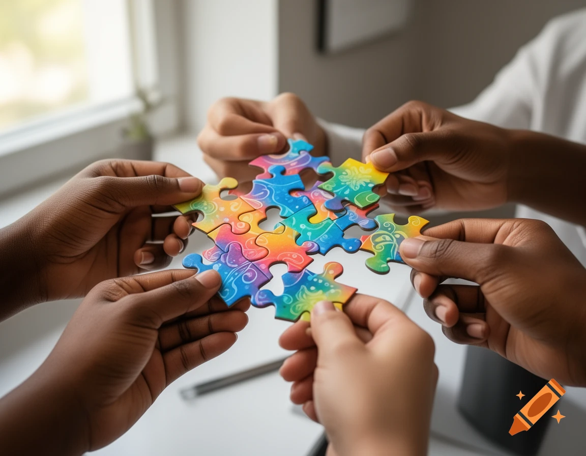 Multiple hands with varying skin tones hold colorful, patterned puzzle pieces together, forming a larger puzzle in a photorealistic style.