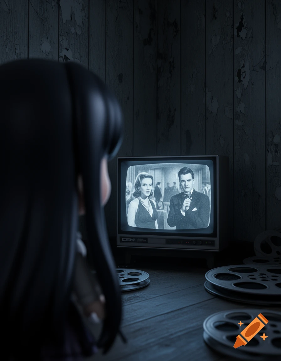 A stylized girl with long black hair watches an old black and white film on a CRT TV in a dimly lit, dingey wooden room with film reels on the floor.