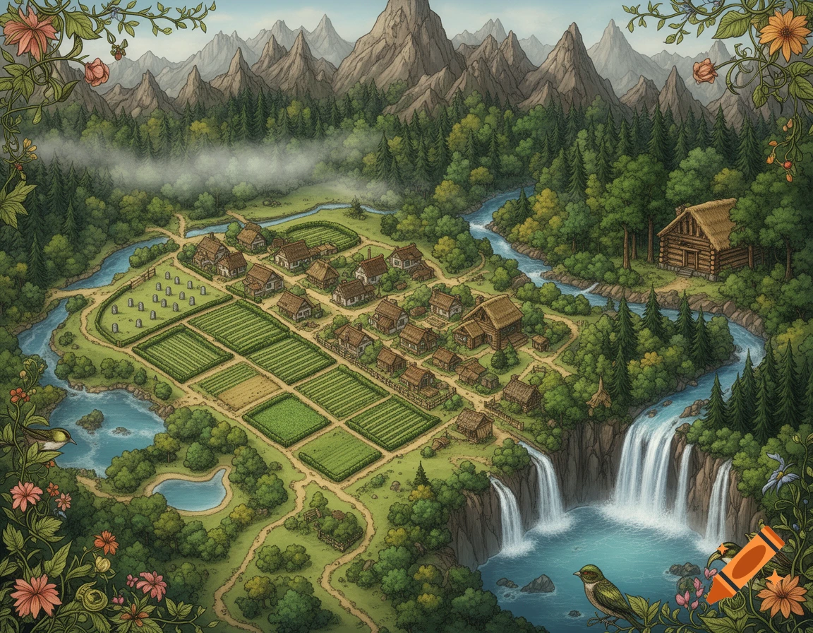 A stylized fantasy map of a rural town with farmland, a cemetery, forests, mountains, rivers, and waterfalls.