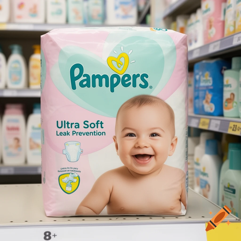A Pampers Ultra Soft diaper package featuring a smiling baby, displayed on a retail shelf with other baby products in the background.