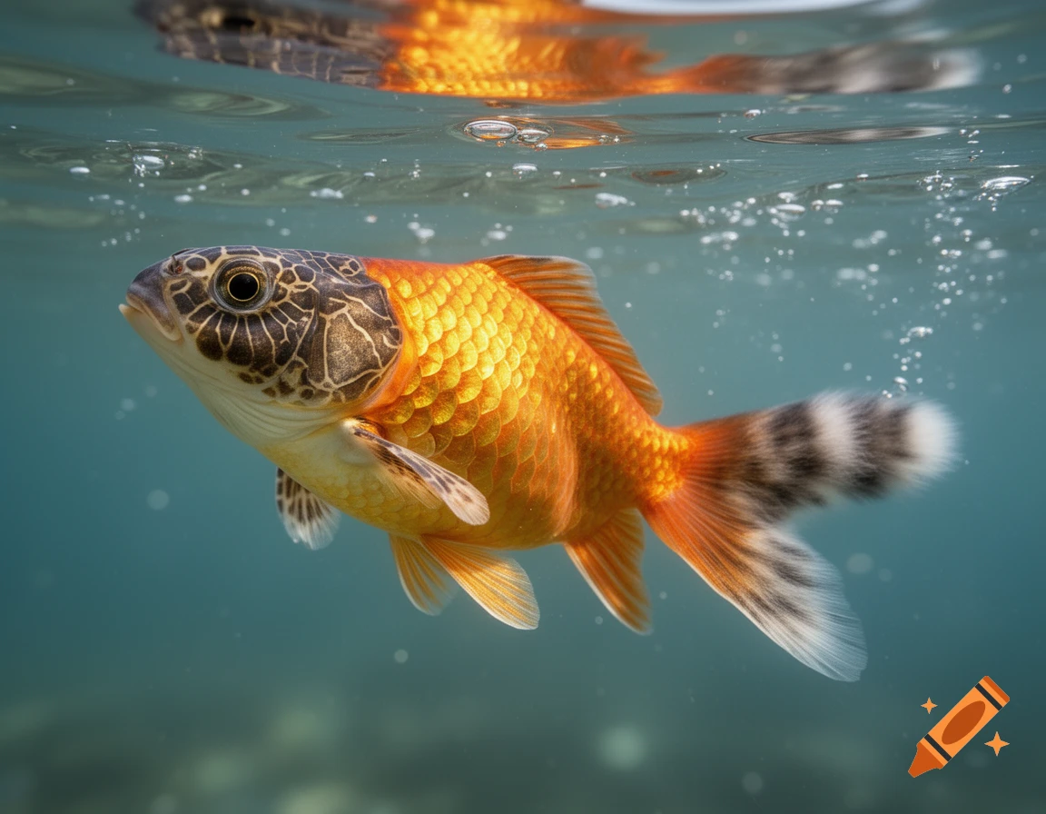 Photorealistic image of a hybrid creature with a turtle head, goldfish body, and a striped cat's tail, swimming in clear water with reflections.