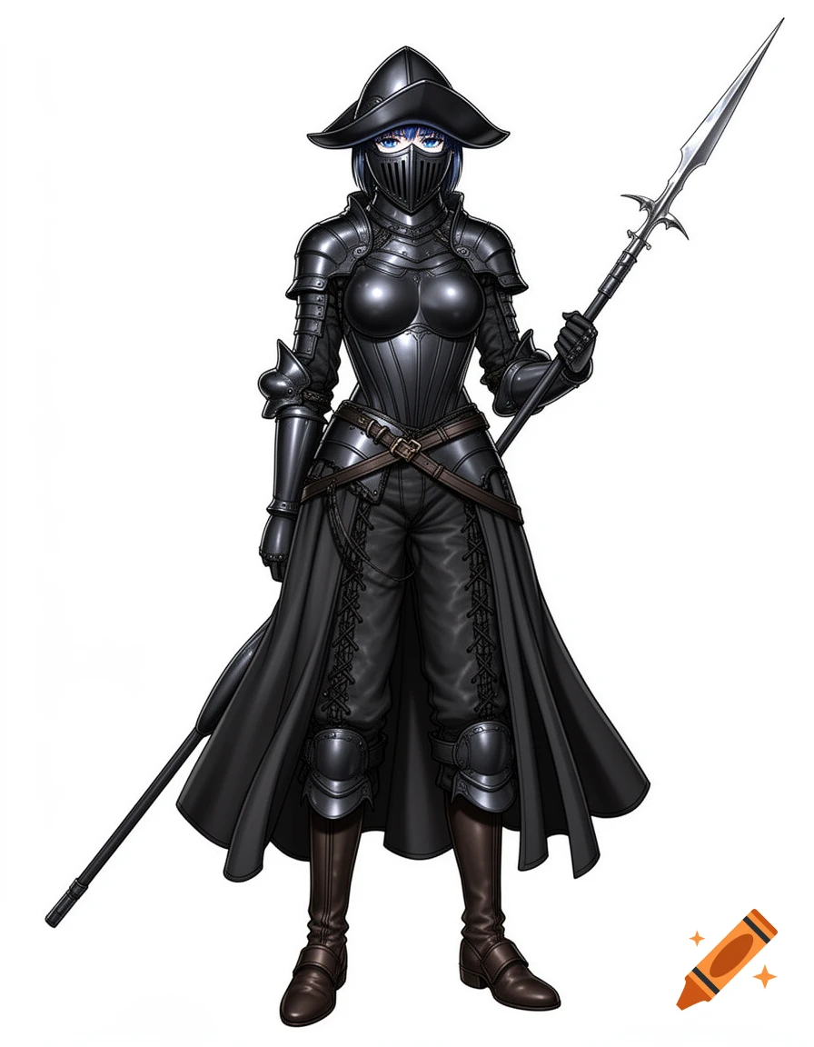 Anime woman in dark Renaissance plate armor with a helmet, holding a long steel spear, on a white background.