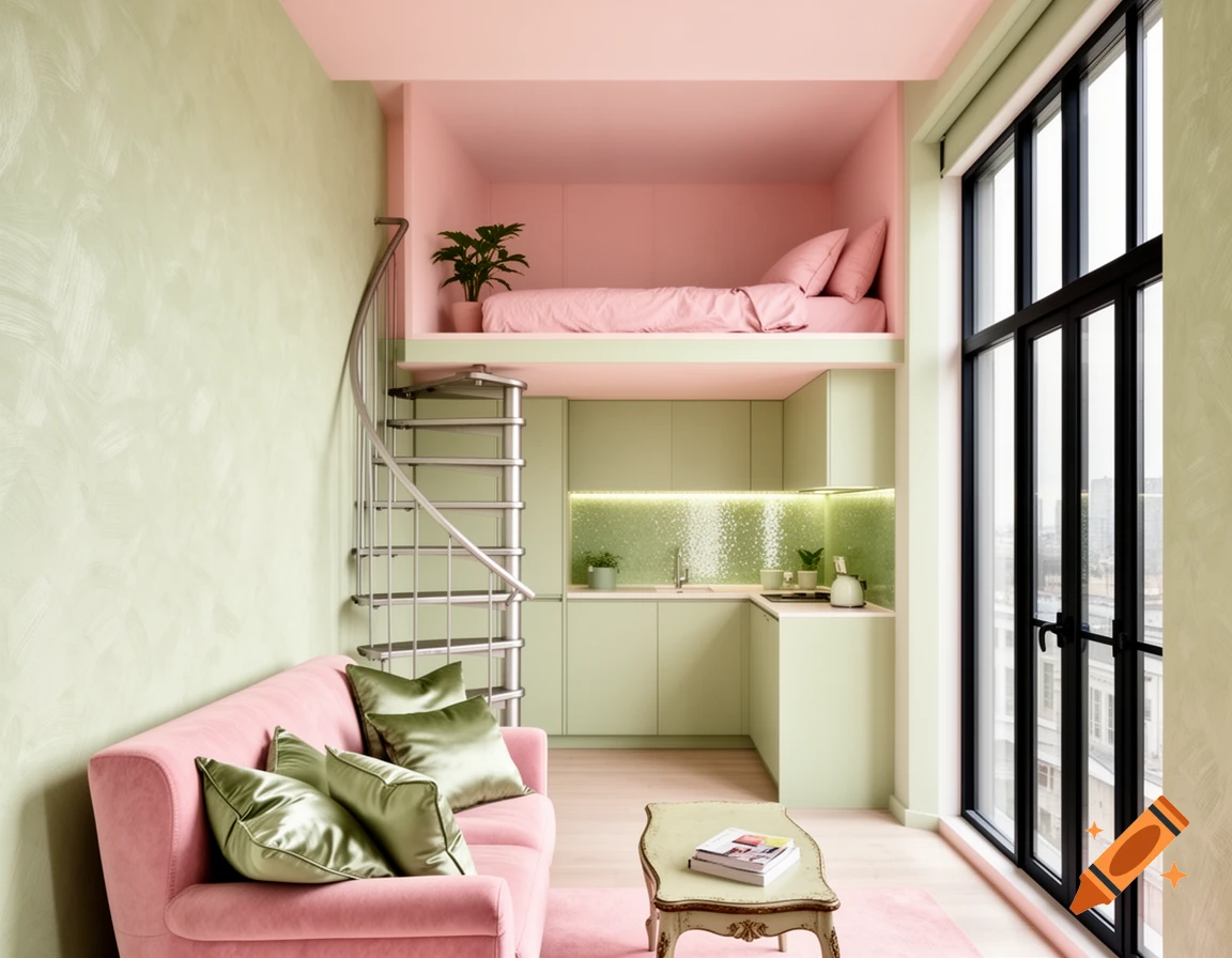 Pastel pink and sage green micro-apartment with a living area, kitchen, loft bed, and spiral staircase.