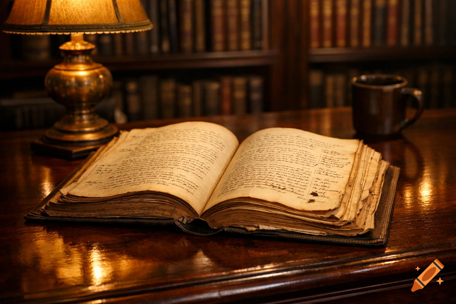 An old open book with handwritten script on a glossy wooden desk, lit by a vintage lamp, with a mug and bookshelves.