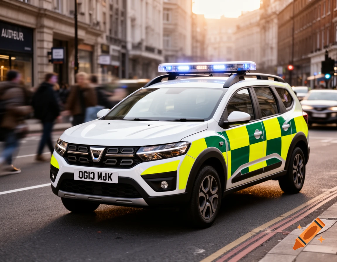 A white Dacia Jogger ambulance with green and yellow Battenberg markings and blue flashing lights on a city street at sunset.