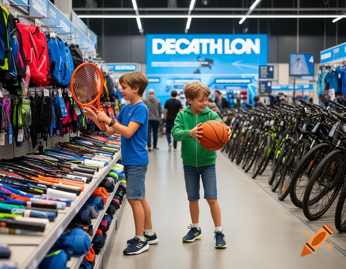 Two boys shop in a bright Decathlon sports store, one holding a tennis racket, the other a basketball, surrounded by various sports gear.