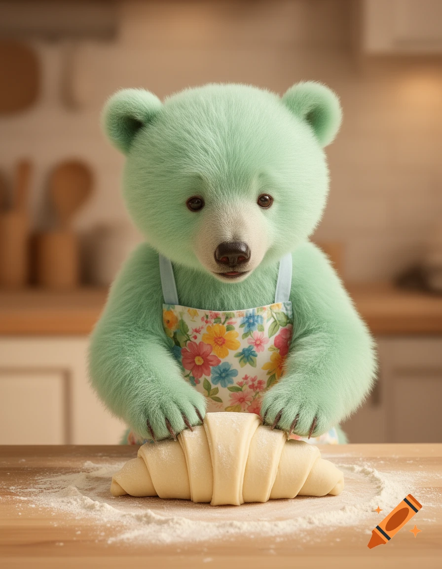 A mint green baby bear in a floral apron kneads croissant dough on a flour-dusted wooden counter in a warm kitchen.
